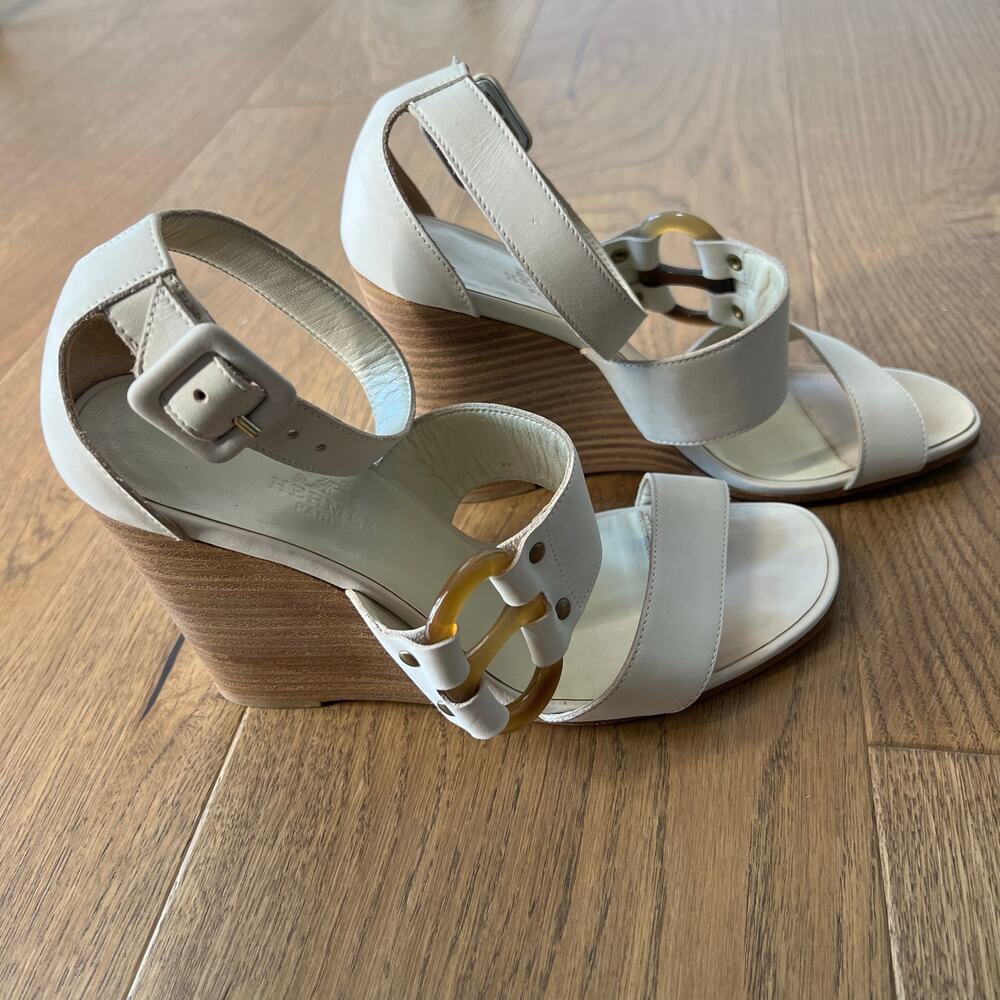 Hermes High Heel Wedge Ivory Beige Tortoise Leather Sandals 36.5 Hot Girl Summer
